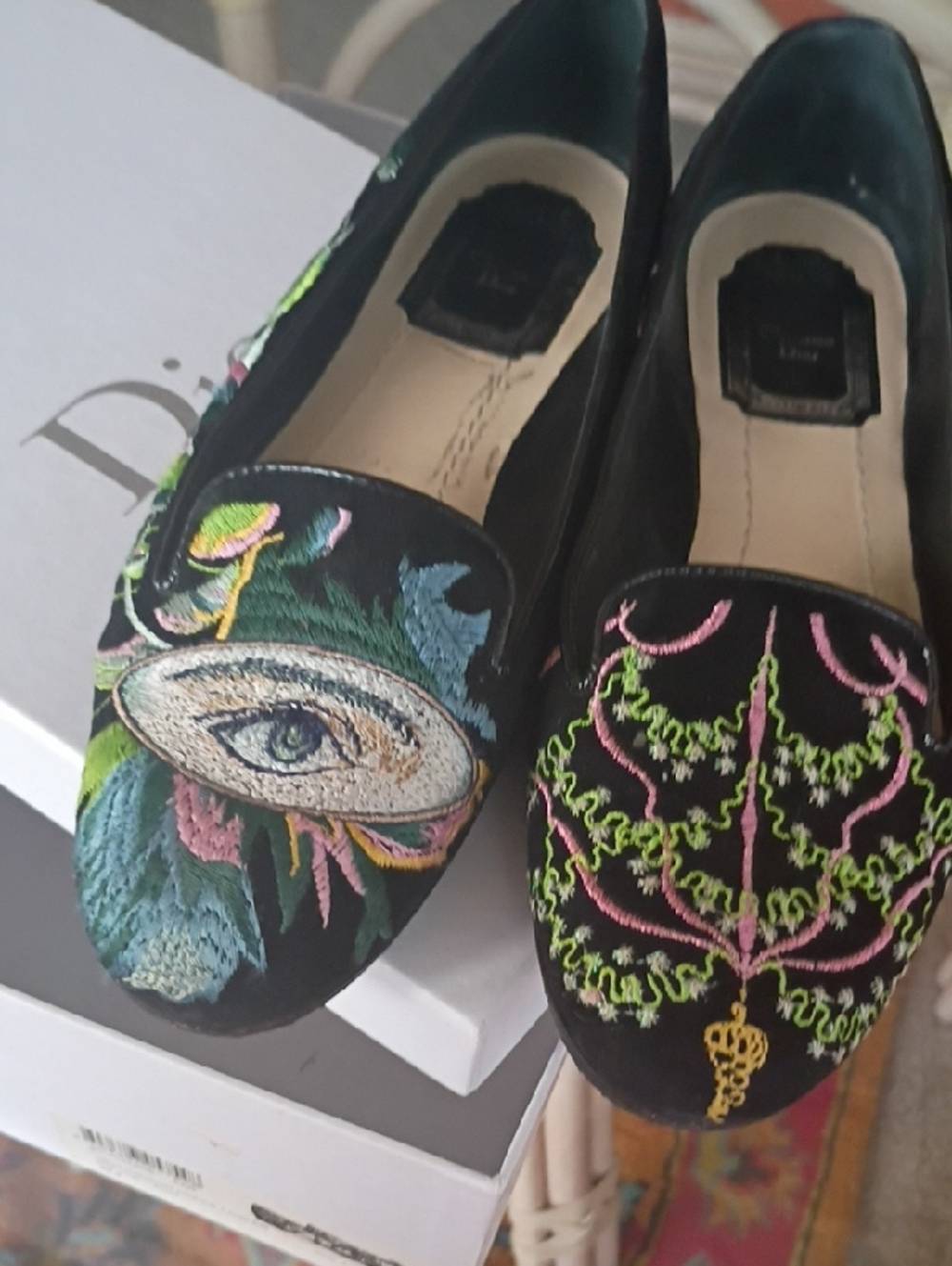 Dior Black Embroidered Loafers with Multicolor Eye Motif